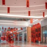 Galeria handlowa z czerwonymi dekoracjami na Chiński Nowy Rok
