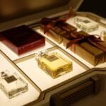 Luksusowe pudełko prezentowe z perfumami i zapakowanymi upominkami